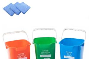 lot 244 image: Matthew Red&Green&Blue Detergent and Sanitizing Cleaning Bucket 3 Quart Cleaning Pail,Set of 3 Square Containers,Built-In Spout wHandle,Wash Rinse Sanitize Handwash Bucket,Incl.3Pcs Microfiber Cloths - Retail $23