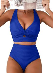 lot 261 image: Herseas Push Up Bikini Sets for Women Twist Front Crisscross V Neck Top 2 Piece Swim Suits High Waisted 2026 Textured Royal Blue Slimming Bathing Suits Casual Beach Swimwear X-Large - Retail $35