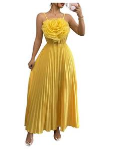 lot 267 image: OYOANGLE Womens 3D Floral Spaghetti Strap Cami Dress Pleated Sleeveless Flared Evening Dresses Yellow Large - Retail $40