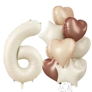 lot 275 image: Large Sand White 6 Balloons, Foil Cream Brown Apricot Beige Number 6 Balloons, Tan Heart Balloons Boho Helium Nude Neutral Star Balloon for Girls Kids 6th Birthday Wedding Anniversary Party Decoration - Retail $7