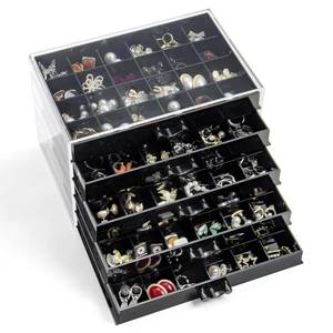 lot 287 image: YUFONG Earring Storage Box Organizer, Acrylic Jewelry Storage Box Holder 5 Drawers Transparent Jewelry Display Stand with 120 Small Compartments Gift Boxes for Women Girls (Black) - Retail $22