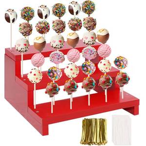 lot 290 image: KHayRovies Cake Pop Stand, 3 Tier Wood Cake Pop Holder Display Risers with Twist Ties Lollipop Sticks, 33 Hole Lollipop Holder for Dessert Table of Wedding Birthday Party (Red-1P) - Retail $27