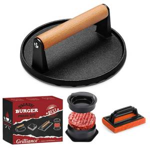 lot 292 image: Grilliance Smash Burger Press Kit, 3 in 1 Hamburger Press Patty Maker, Dark Black Cast Iron Burger Press, Cleaning Pad Set for Grill, Griddle, Flat top, Kitchen, Cooking - Retail $13