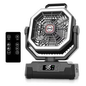 lot 295 image: Sireck 40000mAh Camping Fan, 10-Inch Battery Powered Portable Personal Fan with Remote,LED Lantern, 5 Speeds,Timer, Digital Display Cordless USB Desk Fan for Tent (Black-10inch) - Retail $43