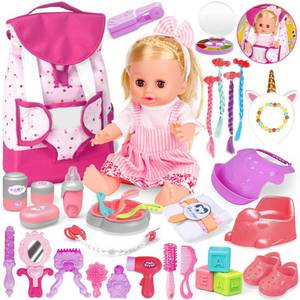 lot 301 image: PROOU Baby Care Doll Toys Set, 36PCS Dolls Playset, Hair Salon Pretend Play Toddler Doll Toys Incl 14 Baby Dolls Toy, Backpack, Hair Dryer, Curler, Xmas Gifts for Age 3 4 5 6 Years Old Girls Kids - Retail $28