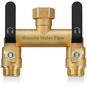 lot 309 image: Hose Splitter 2 Way Heavy Duty, Full Flow Garden Hose Splitter with 2 Long Metal Handles, Brass Rust and Freeze Resistant Water Hose Bib Splitter, T Adapter Connector with 34 - Inch GHT Thread��Black�� - Retail $25