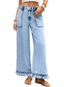 lot 311 image: Astylish Wide Jeans for Women Trendy High Waist Bell Bottom Leg Jeans Baggy Stretchy Ruffle Hem Cropped Boho Denim Pants Iceland Blue Size 16 - Retail $33