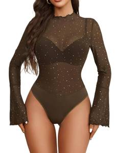 lot 317 image: Avidlove Women Long Sleeve Bodysuit Rhinestone Bodysuit Mesh Bodysuit Tops Sexy Party Outfits Brown S - Retail $10