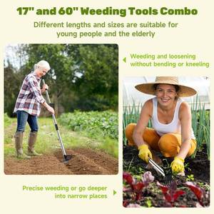 lot 331 image: 60 Weed Puller Tool with Long Handle and 17 Weeding Tools Gardening Set, Dual Side Hand Weed Rake and Hoe Garden Weeder, Weed Pulling Remover Tool for Yard, Patio, Lawn and Garden Planting (Black) - Retail $26