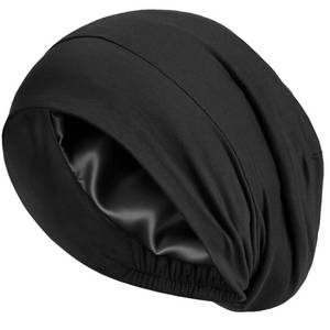 lot 335 image: 100% Mulberry Silk Lined Bonnet for Sleeping Women Men - Anti-Frizz Curly Hair Wrap for Braid Wavy, Night Sleep Cap, Black - Retail $18