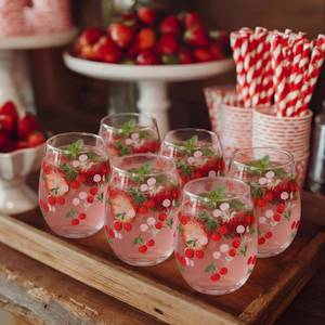 lot 359 image: Maxcheck 5 Pcs Cherry Wine Glass Set 18 oz Summer Stemless Glasses with Red Cherry Designs for Summer Wedding Birthday Present Holiday Party Gift - Retail $28