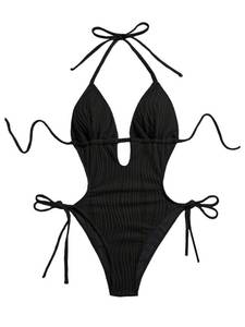 lot 362 image: Verdusa Womens Textured Cut Out One Piece Swimsuit Tie Knot Halter Monokini Vacation Bathing Suit Black X-Small - Retail $36