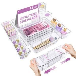 lot 363 image: 14 Pcs Clear Drawer Organizer, Adjustable Drawer Storage Box, 3-Size Desk Drawer Organizer, Acrylic Storage Bins for Makeup, Cosmetic, Kitchen Utensils, Bedroom Dressers Tool Organizer for Gadgets - Retail $31