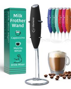 lot 369 image: Milk Frother Wand & Electric Stirrer with Stand - Turbo Coffee & Milk Frother Handheld - Hand Held Coffee Mixer Wand & Cold Foam Maker for Frothy Cappuccinos, Lattes & Drink Mixes at Home (Black) - Retail $10
