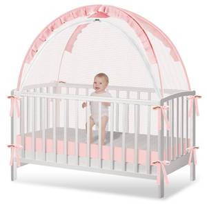 lot 373 image: Crib Tent - Crib Net to Keep Baby in, Stop Baby from Climbing Out of Crib, Pop Up Crib Tent with Durable Breathable Net Double Zipper Strong Rods Installation Convenience - Retail $37