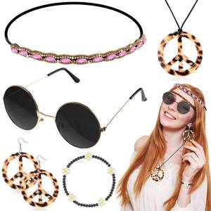 lot 378 image: Batiyeer 6 Pcs Hippie Costume Accessories Set, Boho Peace Sign Daisy Flower 60s 70s Party Favors Decor for Groovy Party Women(Leopard) - Retail $8