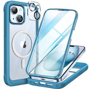 lot 379 image: Miracase Glass Series for iPhone 15 Case Compatible with MagSafe Full-Body Magnetic Bumper Case with Built-in 9H Tempered Glass Anti-Fingerprint Screen Protector  Camera Lens Protector, Sea Blue - Retail $25