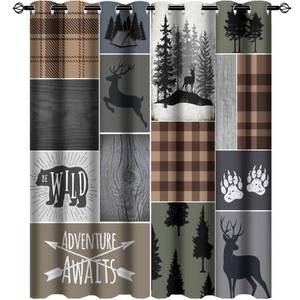 lot 380 image: Retro Cabin Bear Deer Room Darkening Blackout Window Curtains with Grommets,Country Farmhouse Hunting Theme Wildlife Plaid Check Lodge Energy Efficient Window Treatment 2 Panels 45L x 21W - Retail $28