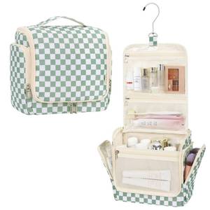lot 385 image: Relavel Travel Toiletry Bag for Women Makeup Bag Cosmetic Organizer Toiletries Bag with Hanging Hook for Travel Size Essentials Accessories Shower Caddy Bag for Bathroom Beach Gym, Green Checkerboard - Retail $21