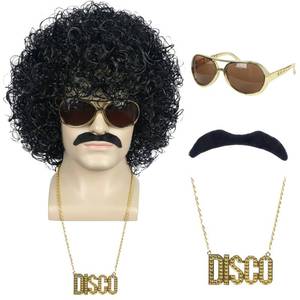 lot 391 image: yuehong Black Curly Fluffy Jumbo 70s Afro Wig 80s Rocker Disco Party Costume Hair Heat Resistant Synthetic Fibers Soft Durable Breathable Wig with Mustache Necklace and Glasses - Retail $21