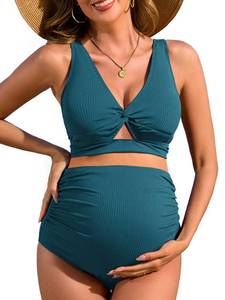 lot 397 image: Charmo Maternity Swimsuit Bathing Suit Two Piece Swim High Waist Pregnancy Bikini Sets Ribbed Bathing Suit Cutout Peacock Green XL - Retail $607