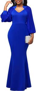 lot 399 image: Elegant Formal Lantern Sleeve Mermaid Evening Gown for Women Sexy V Neck Long Sleeve Blue Maxi Dress with Zipper M - Retail $40