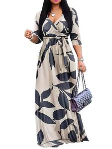 lot 404 image: Yajedo Womens Summer Sexy V Neck Cocktail Sundress Floral Print 34 Sleeve Wear to Work Business Long Maxi Dresses XXXL - Retail $34