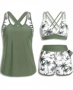 lot 406 image: Daci Green Palm Tree Women 3 Piece Tankini Swimsuits - Tummy Control Tank Top with Bra Modest Bathing Suit with Pockets Boyshorts Bottom 2026 20W - Retail $45