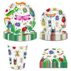 lot 418 image: 68 Pieces Bug Party Supplies Bugs Theme Party Tableware Kit Including Bug Birthday Party Paper Plates Cups Napkins Plastic Cutlery Straw Set for Bug Themed Birthday Baby Shower Decor,16 Guests - Retail $15