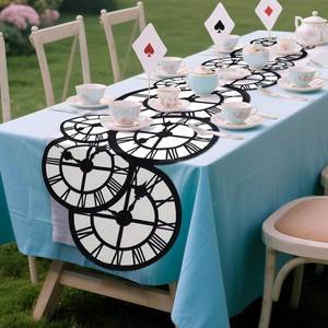 lot 428 image: Preboun 1 Pcs Wonderland Tea Party Decoration 15 x 70 Clock Table Runner Decor Wonderland Curious Clock Table Runner Decoration for Birthday Wedding Dinner Party Favor Supplies (Black and White) - Retail $14