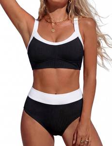 lot 440 image: BMJL Womens High Waisted Bikini Sets for Women Color Block Ribbed Two Piece Swimsuit Removable Padding Full Coverage Bikini(L,Black) - Retail $33