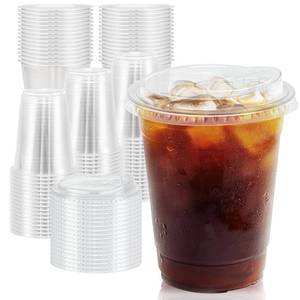 lot 443 image: Clawsoff 12 oz 50 Pack Clear Plastic Cups with Lids, Sturdy Iced Coffee Cups with Sip Lids, Disposable Food Safe Smoothie Cup for Cold Drinks, Juice, Milkshake - Retail $17