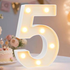 lot 447 image: Decorative Led Light Up Number Letters, White Plastic Marquee Number Lights Sign Party Wedding Decor Battery Operated Number (5) - Retail $10