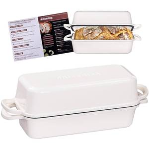 lot 448 image: Articasting 11x5 Inch Cast Iron Bread Loaf Pan With Lid, 5.8 Qt Large Loaf Pan for Sourdough Bread Baking, Heavy Duty Dutch Oven Bread Pan For a Crispy Crust, White - Retail $66