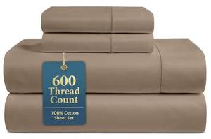 lot 451 image: LANE LINEN Queen Size Sheets 100% Cotton Sateen 600 Thread Count Deep Pocket 4 Piece Soft Breathable Hotel Luxury Oeko-Tex Certified Machine Washable All Season Durable Smooth Easy-Fit Taupe - Retail $70