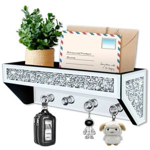 lot 454 image: ONE KNOB BROKEN SEE PHOTOS Crushed Diamond Wall Key Holder with Shelf, Crystal Mirror Wall Mounted Key Holder with Shelf for Entryway and Home Decor - Retail $35