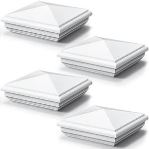 lot 459 image: Sasylvia 4 Pcs 5 x 5 Inch Vinyl Fence Post Caps (Actual 5x5), White PVC England Style Cap Top Pyramid Square Waterproof UV Resistant Decorative Vinyl Fence Post Caps - Retail $45