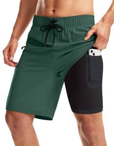 lot 465 image: Pinkbomb Mens Swim Trunks with Compression Liner 9 Inch Quick Dry Swimsuit Swimming Swim Board Shorts for Men with Pockets (Green, L) - Retail $26