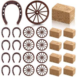 lot 468 image: Junkin Western Party Supplies Horseshoe Decor Wagon Wheel Crafts Mini Hay Bales Vintage Table Centerpieces for Lucky Horseshoe Wedding Party Favors Cowboy Birthday Decorations (24 Pieces) - Retail $15