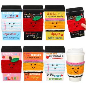 lot 480 image: Zhehao 6 Set Back to School Teacher Gift Card Crochet Coffee Cup Sleeve Thank You Coffee Cup Appreciation End of Year Gifts for Teacher First Day of School Classroom Party Favors - Retail $16