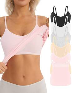 lot 493 image: Missclub 5 Pack Cotton Camisole with Shelf Bra for Women V Neck Camis Basic Undershirts Spaghetti Strap Tank Top Set E L - Retail $30
