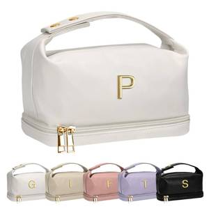 lot 495 image: Vogewood Girlfriend Gifts, Personalized Makeup Bag with Handle, Initial Double Layer Cosmetic Bag with Makeup Brush Organizer, PU Leather Travel Toiletry Bag Gifts for Women Her Friend Sister Mom Gift - Retail $24