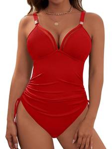 lot 530 image: Dridreo Womens One Piece Swimsuit Slimming Tummy Control Modest Bathing Suit Metal Tie Knot Full Coverage Swim Suits Red L - Retail $26