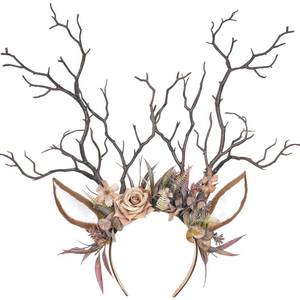 lot 566 image: MOSTORY Flower Reindeer Ear Headband - Brown Branch Antlers Headband for Renaissance Deer Costume Women, Floral Antler Hairband for Renfaire Accessories Cosplay Fantasy Photo Shoot - Retail $28