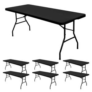 lot 575 image: 6 Pack Stretch Fabric Table Top Cap Cover, fits 6 Tables, Spandex Table Covers Washable Elastic Universal Rectangle Tablecloth Protector for Indoor Outdoor Party Picnic Wedding, Black, 30 W x 72 L - Retail $40