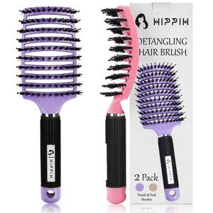 lot 588 image: Boar Bristle Hair Brush Set of 2, HIPPIH Wet & Dry Hair Brushes Made by Fine Natural Boar Hair Can Adds Shine and Smoothing, Detangling Hairbrush for Women, Men & Kids Long Curly Thick Hair - Retail $13