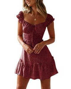 lot 596 image: YOBECHO Womens Summer Ruffle Sleeve Sweetheart Neckline Printing Dress Mini Dresses Bright Red L - Retail $38
