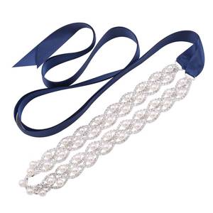 lot 602 image: WEZTEZ Womens Crystal Wedding Sash Shining Pearls Bridal Belt Handmade Rhinestone Sash for Bride Bridesmaid Gowns (navy ribbon) - Retail $23