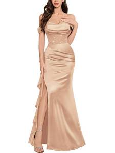 lot 603 image: Pre Owned Miusol Womens Sexy Off Shoulder Sequin Lace Wedding Bridesmaid Party Long Dress (Large, Champagne) - Retail $69