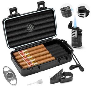 lot 611 image: Flauno Travel Cigar Humidor Case - Portable Humidor Kit with Lighter (Without Gas), Cutter, Holder, Humidifier & Dropper, Waterproof, Crushproof, Airtight Seal (Holds up to 10 Cigars) - Retail $26